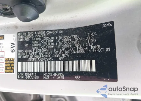 2006 Toyota Highlander V6 из США, поврежденный, VIN JTEDP21A360122033